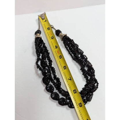 17" Vintage Black Beads Gothic Multi Strand Necklace freeform