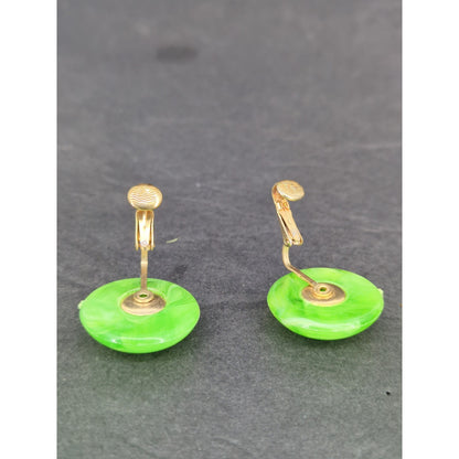 Vintage Green Resin Clip On Earrings Gold Tone Marked Hong Kong Retro 1960s MCM