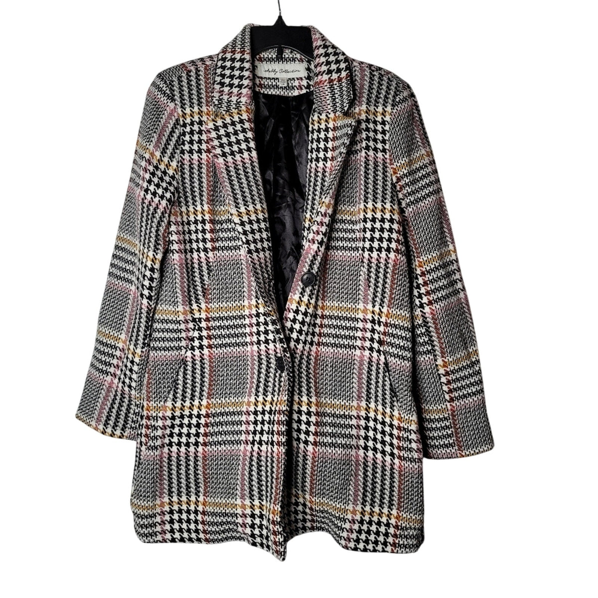 Selby Collection Glen Plaid LARGE jacket pocket Long Coat Black Tan Button NEW