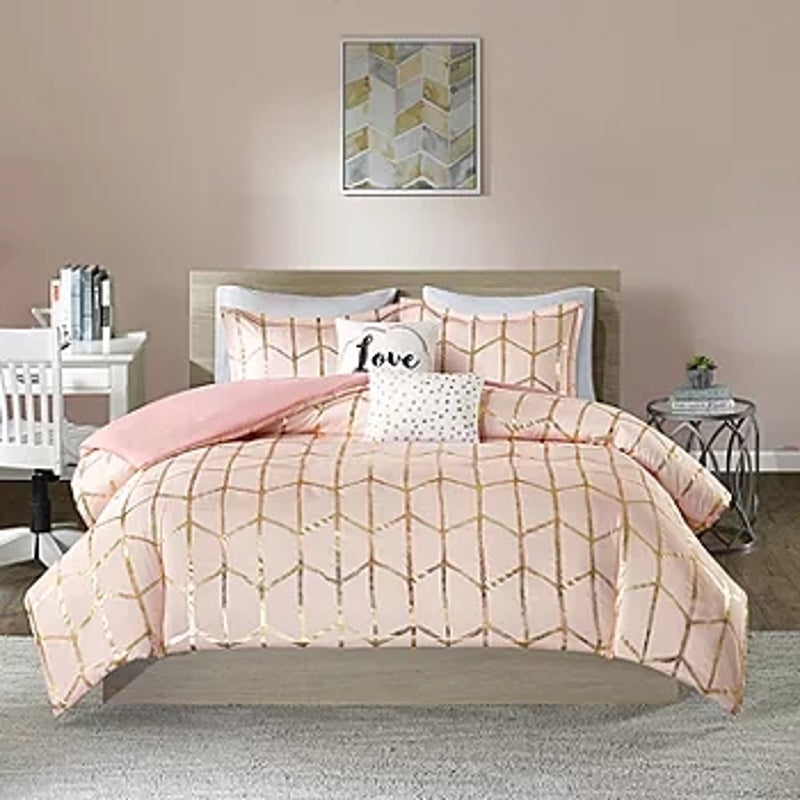 Intelligent Design Khloe Metallic Printed Set QUEEN Pink Gold comforter shams