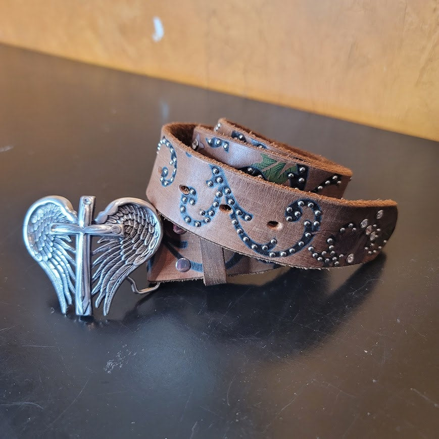 Nocona Floral Brown Boho Western Medium Genuine Leather Silver Angel Cross Wings