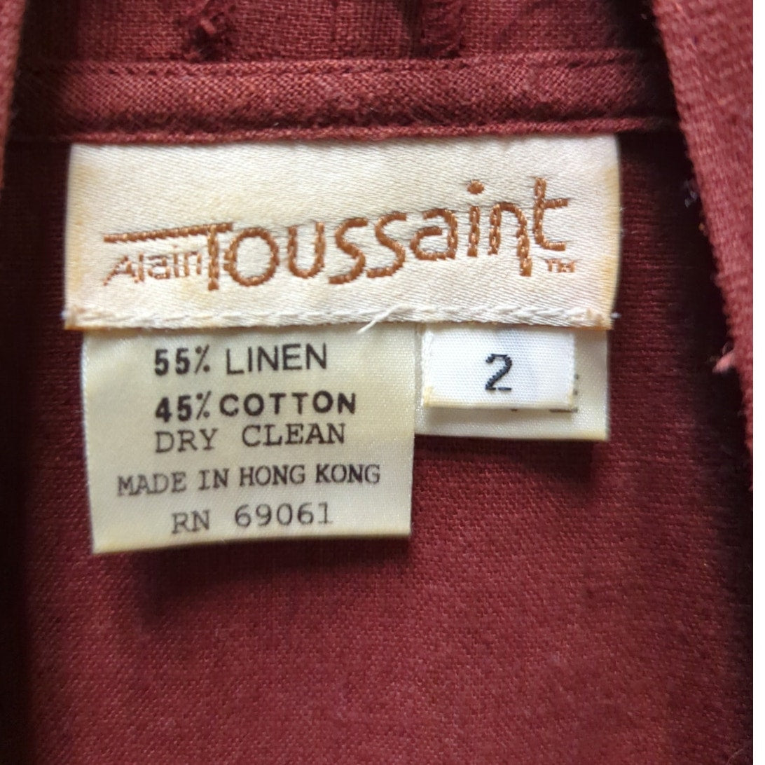 Vintage Alain Toussaint Linen Blend Midi Vest Dress Rust Gathered Neck Casual 2