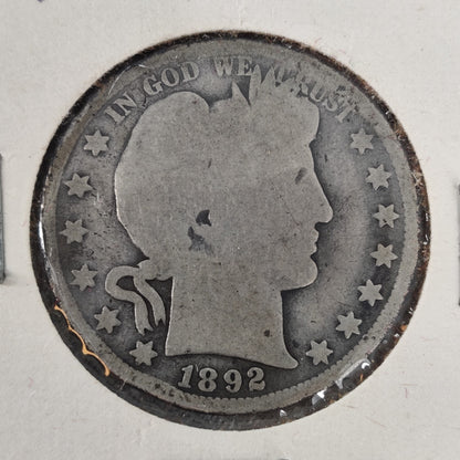 1892 Barber Silver Quarter - First Year of Issue Vintage US Coin - Good
