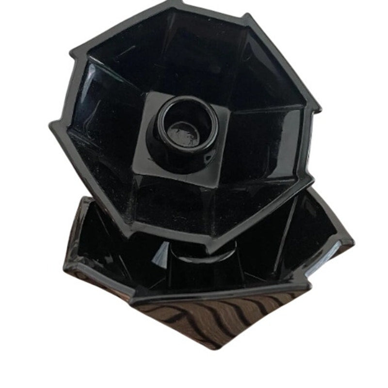 3 pc. Fostoria Black Glass Bowl & Pair Matching Candle holder Geometric Sakier