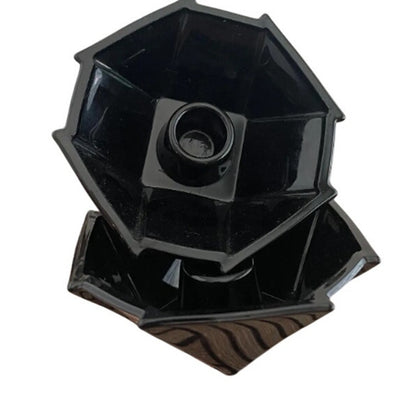 3 pc. Fostoria Black Glass Bowl & Pair Matching Candle holder Geometric Sakier