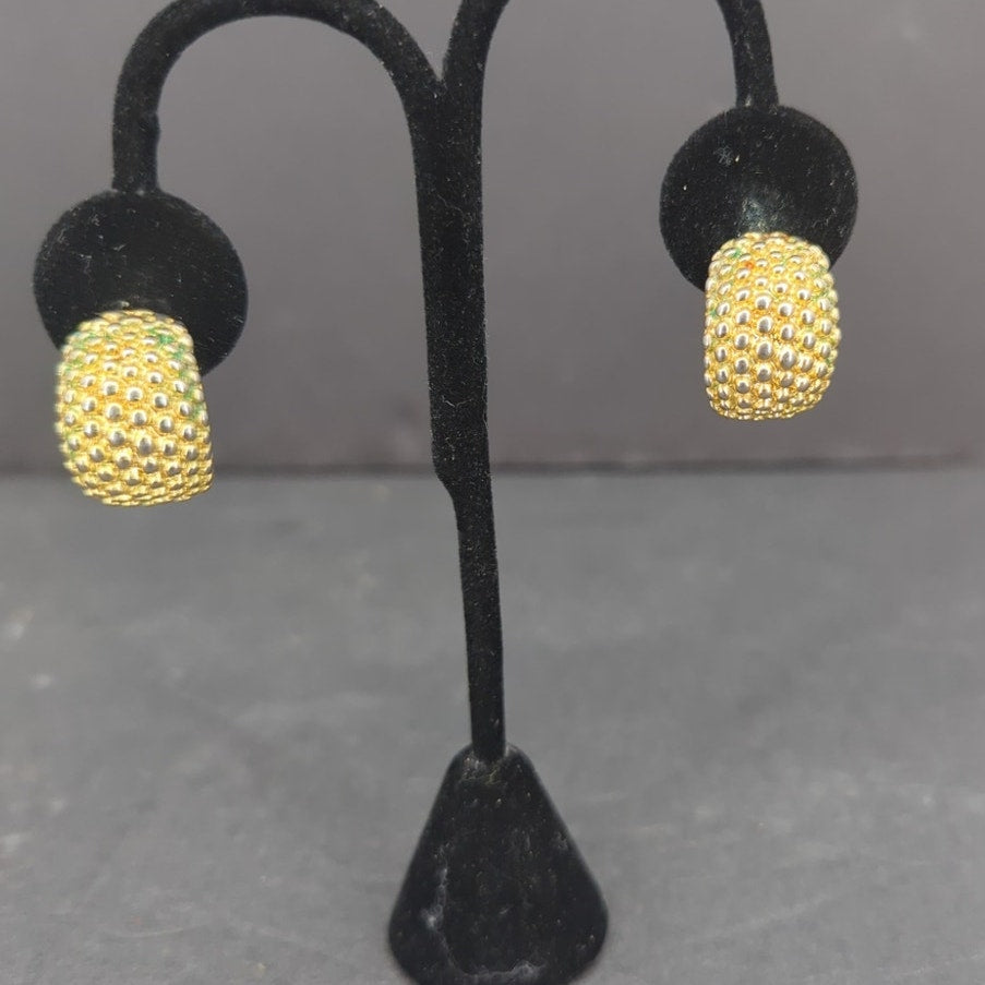 Vintage Gold Tone Textured Beaded Chunky Crescent Half Hoop Drop Earrings Retro