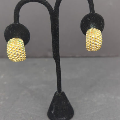 Vintage Gold Tone Textured Beaded Chunky Crescent Half Hoop Drop Earrings Retro