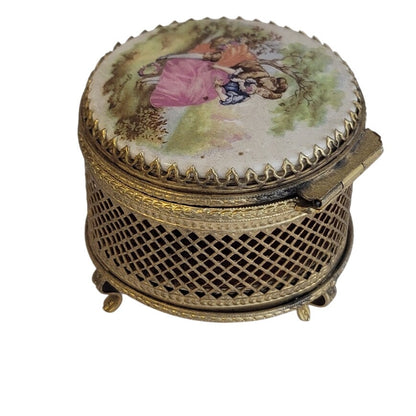 Fragonard Gold Gilded vanity french Trinket box mirrored Chest Picnicing Couple