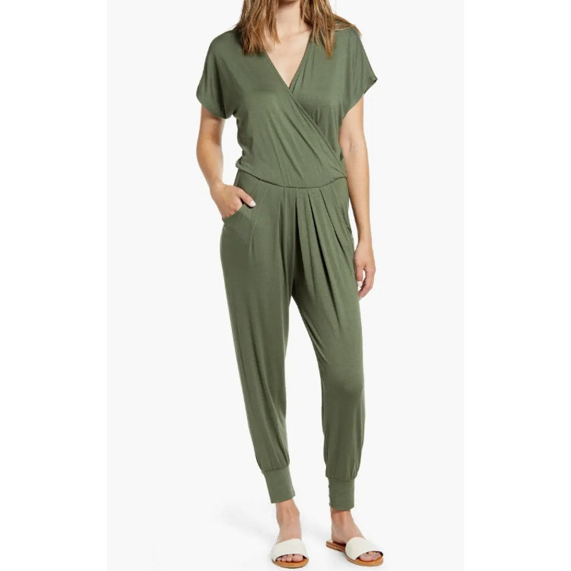 Loveappella Short Sleeve One Piece Wrap Top Jumpsuit OLIVE Pockets MEDIUM NEW