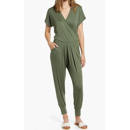 Loveappella Short Sleeve One Piece Wrap Top Jumpsuit OLIVE Pockets MEDIUM NEW