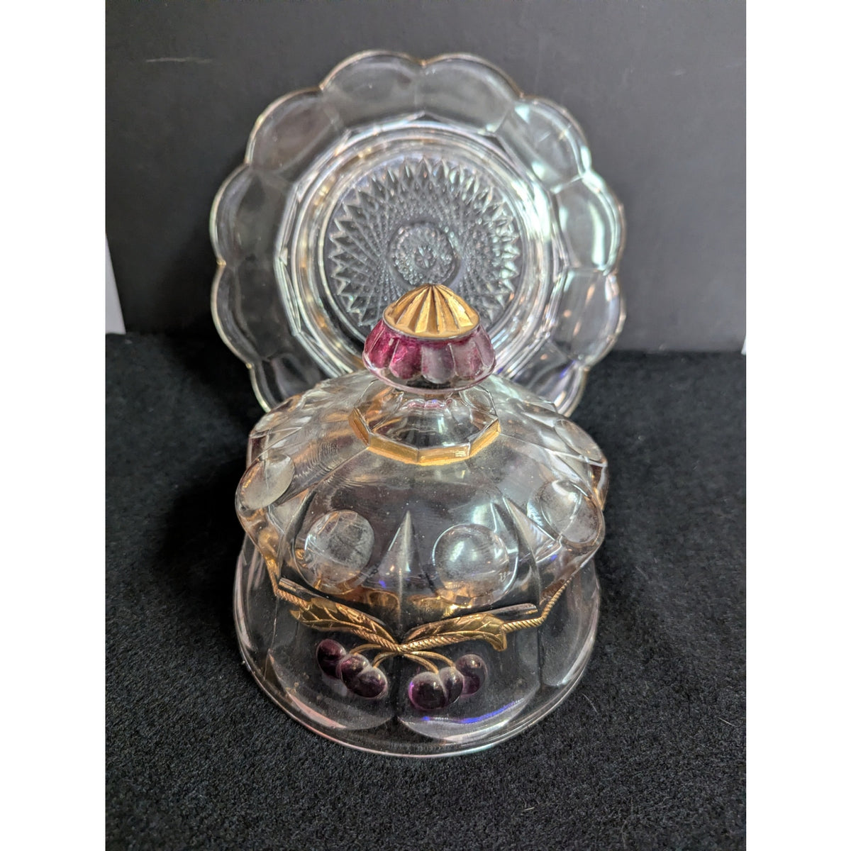 Mosser Northwood Cherry Cable Cover Glass Butter Dish gold red clear 2pc.  round
