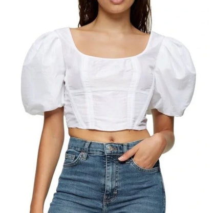 Topshop White Cropped Corset Puff Sleeve Top Parachute Silver Zipper New SIZE 10