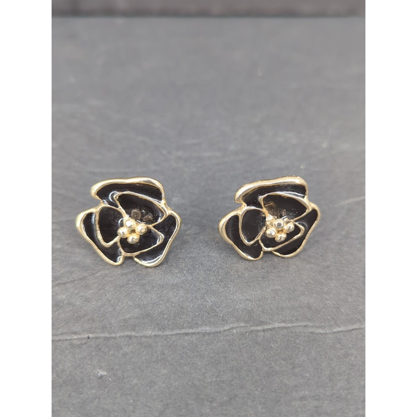 Vintage Black Enamel Gold Tone Rose Clip On Earrings 1980s Glam Flower