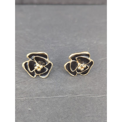 Vintage Black Enamel Gold Tone Rose Clip On Earrings 1980s Glam Flower
