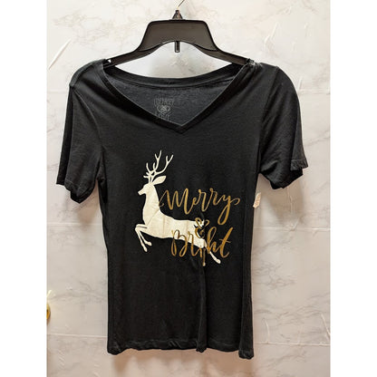 Cozy Rozy Love "Merry & Bright" Reindeer Graphic V-Neck Tee Size Small