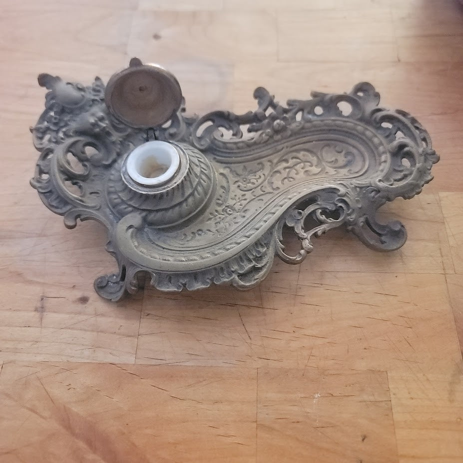 Antique Ornate Brass Grotesque Mascaron Inkwell Victorian Rococo Pen Tray