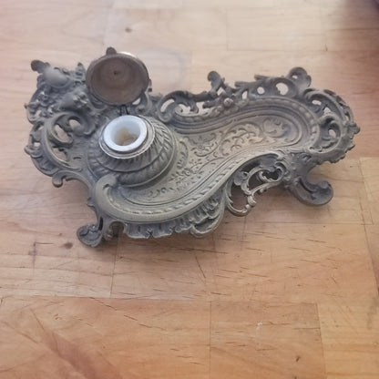 Antique Ornate Brass Grotesque Mascaron Inkwell Victorian Rococo Pen Tray