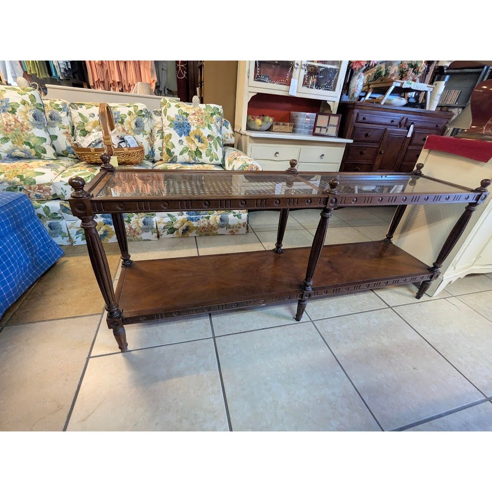Secondhand Sandies: Long Traditional Wood & Glass Sofa Table with Turned Posts and Finials