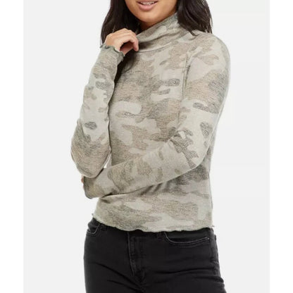 Love, Fire Junior's Hacci Mock Neck Lettuce Edge Printed Camo Top Size MEDIUM