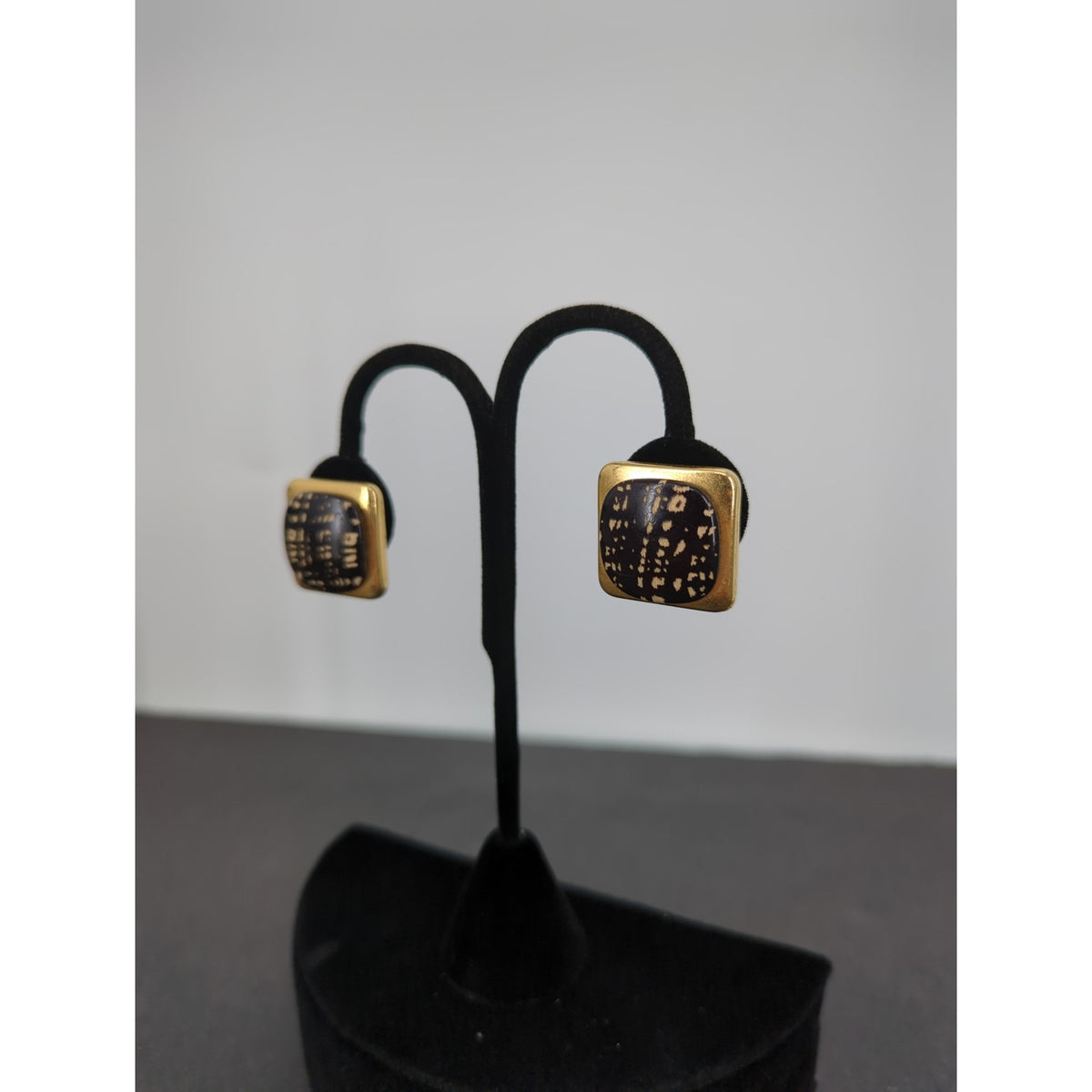 Vintage Clip On Earrings ITALY Gold tone with black MCM 1"