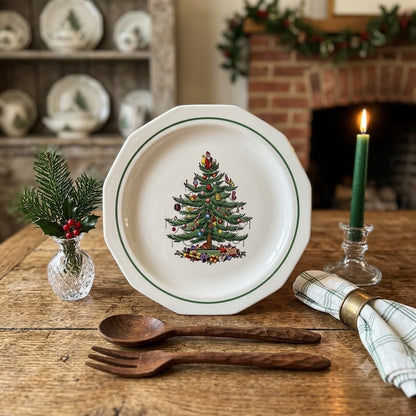 Vintage Octagonal Christmas Tree Dinner Plate Green Rim Holiday