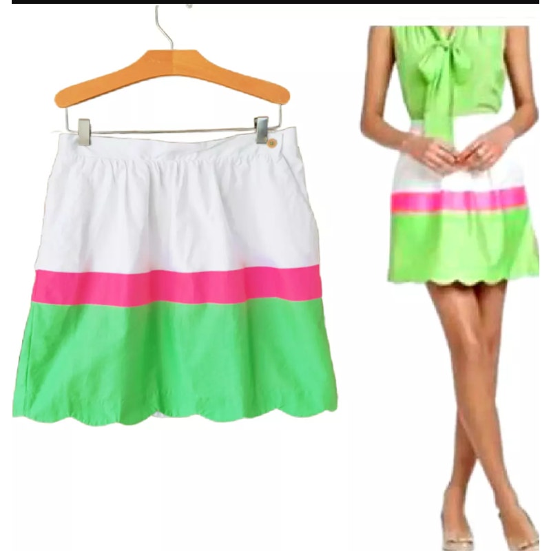 Lilly Pulitzer Mimosa Pink White Green Skirt Size XL Elastic Waist Scallop Edge