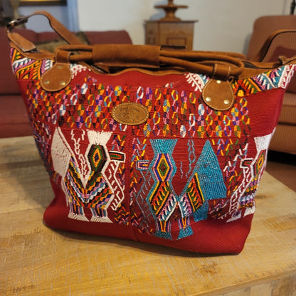 Soul Shine Huipil weekender Leather Embroidery Large Tote Purse Guatamala