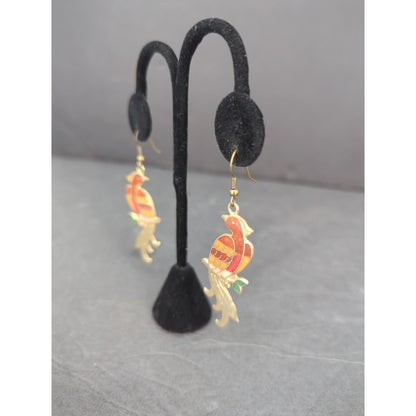 Vintage Cloisonne Enamel Bird Dangle Earrings Pierced Gold Tone Boho Art Parrot