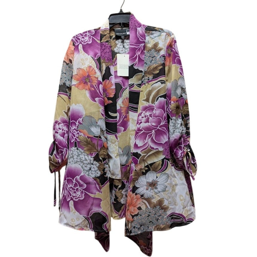 Anttony Size Large Purple Floral Cover Up Duster Kimono NEW Ruched Sleeves