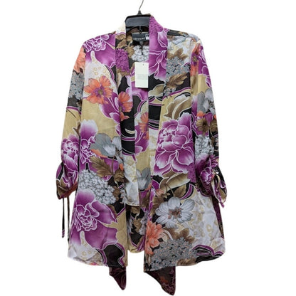 Anttony Size Large Purple Floral Cover Up Duster Kimono NEW Ruched Sleeves