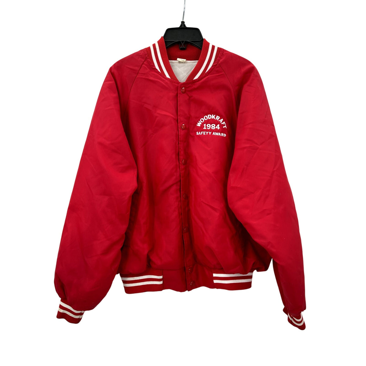 Vintage Woodkraft 1984 Safety Award Satin Baseball Bomber Quilted Shiny Red XL