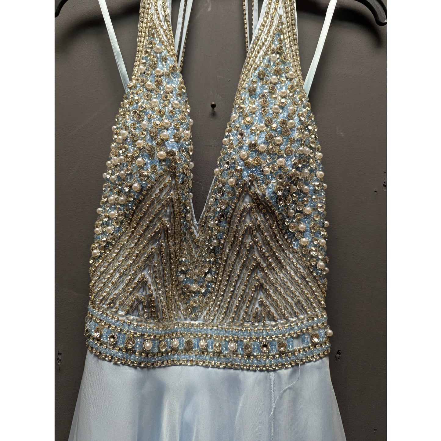 Mac Duggal Light Blue Beaded Halter Neck Prom Pageant Maxi Gown 4