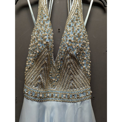 Mac Duggal Light Blue Beaded Halter Neck Prom Pageant Maxi Gown 4