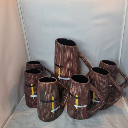 MCM textured pitcher and serving mugs cups Textured bark Brown Orange White SET