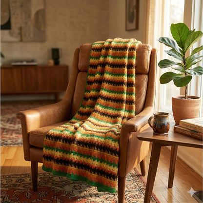 Handmade Wool throw 1970s FLAME Brown Yellow orange Green Gold CABIN 42" x 56"