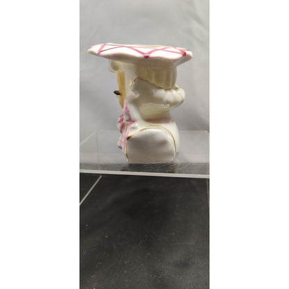 Vintage Ceramic Lady Head Vase Planter Pink Bow 3.6" tall 1950s Wide Brim Hat