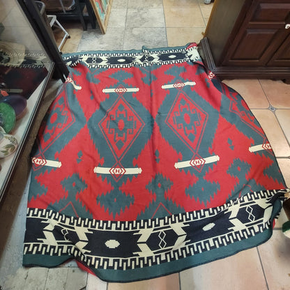 Large Vintage Southwestern Tribal Blanket 70x78 MCM Boho Regency Red Green