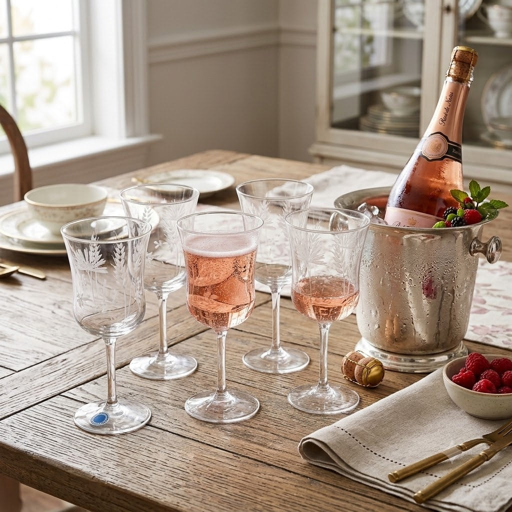 Vintage Handcrafted Romanian Etched Crystal Wine Glasses Floral Stemware Set 5