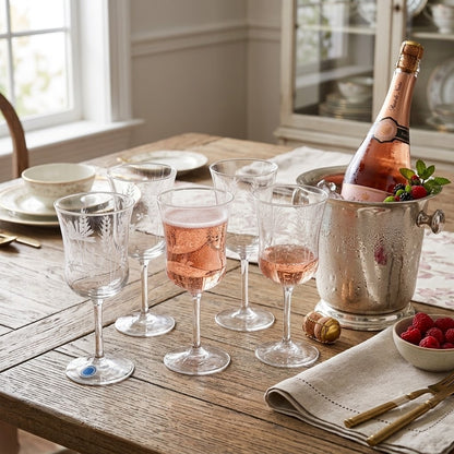 Vintage Handcrafted Romanian Etched Crystal Wine Glasses Floral Stemware Set 5