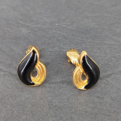 Vintage Gold Tone Black Enamel Teardrop Clip On Earrings Retro Modern Drop 1980s