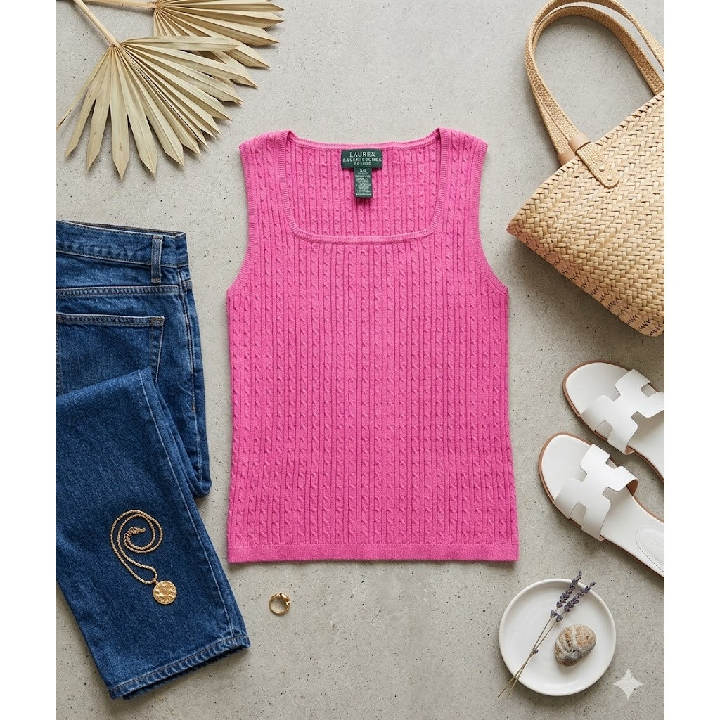 LRL Lauren Ralph Lauren Size Small Petite Ribbed Sweater Pink Sleeveless square
