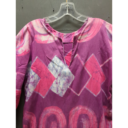 Vintage Purple Pink Batik Cotton Maxi Dress Angel Sleeve Bohemian Caftan 70s