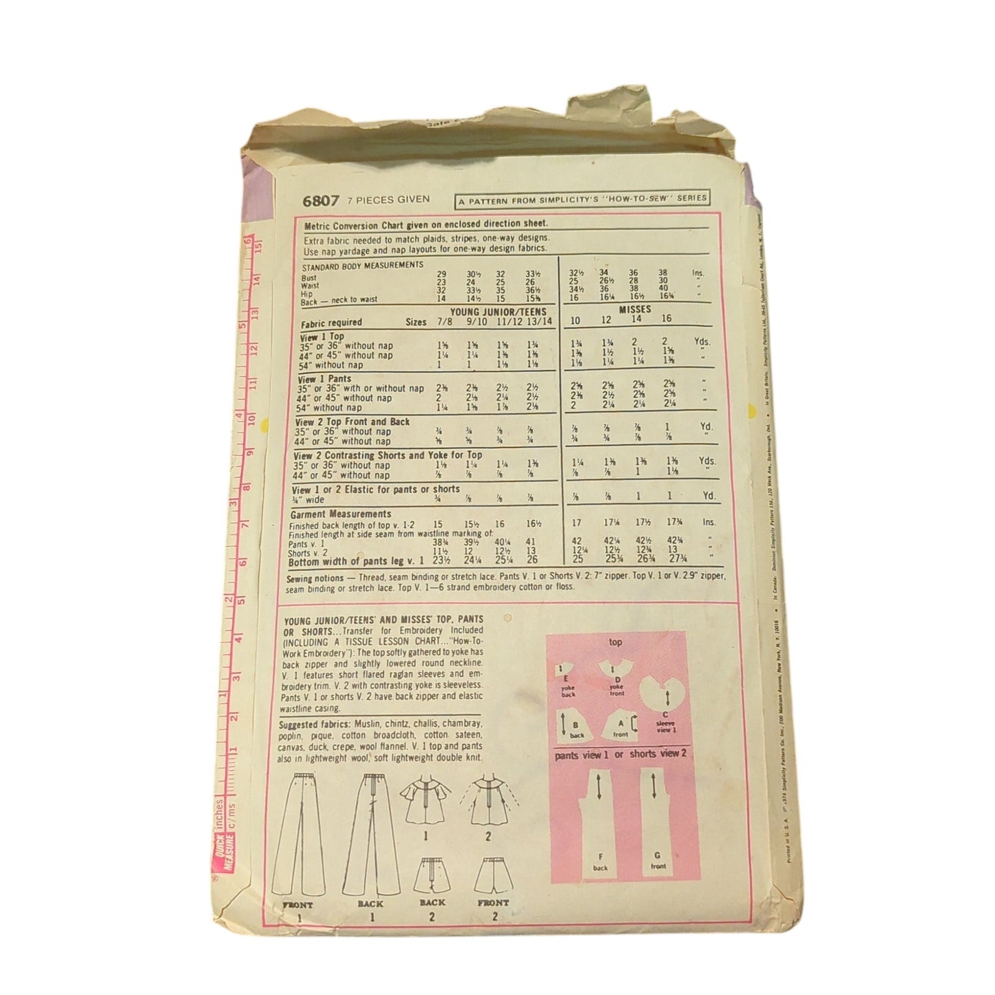 Simplicity 6807 Sewing Pattern Size 7 8 Bust 29 Young Junior Misses Tops Pants