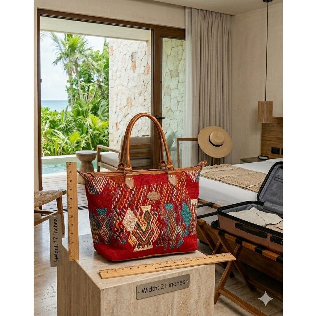 Soul Shine Huipil weekender Leather Embroidery Large Tote Purse Guatamala