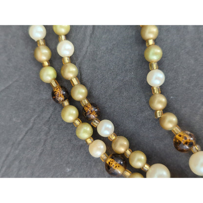 Vintage Multi Strand Amber & Pearl Bead Necklace Mid-Century Statement Jewelry