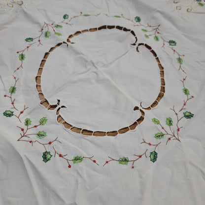 Christmas Table linen tableclotth 32" Runner 48" Holly Candles Holiday Vintage