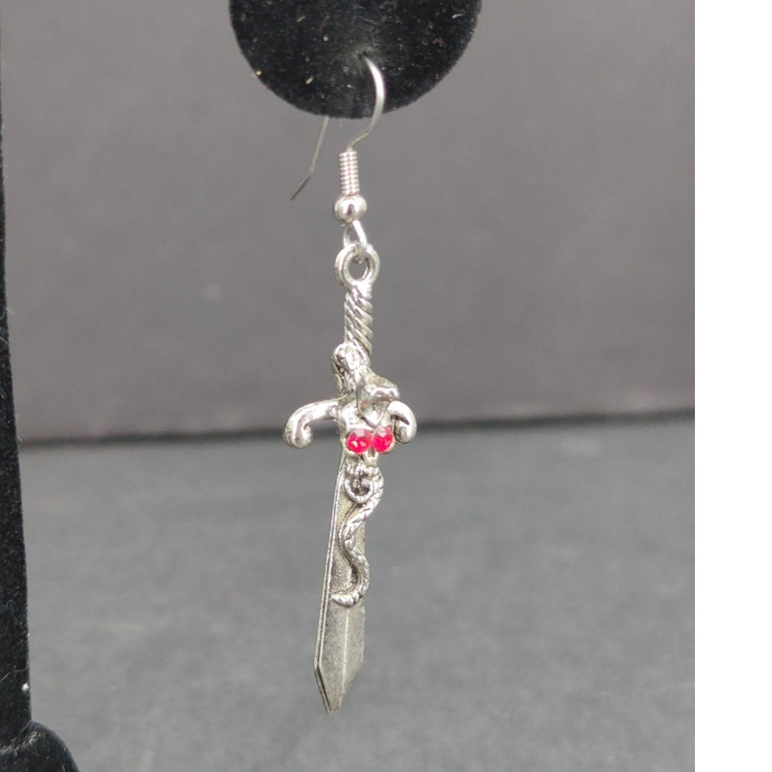 Vintage Sword Dangle Earrings Silver Tone Gemstone Gothic Pierced RenFaire Angel