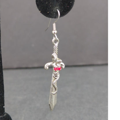 Vintage Sword Dangle Earrings Silver Tone Gemstone Gothic Pierced RenFaire Angel