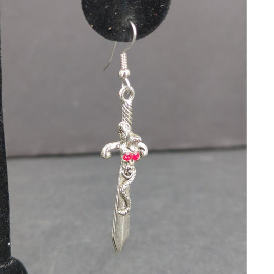 Vintage Sword Dangle Earrings Silver Tone Gemstone Gothic Pierced RenFaire Angel