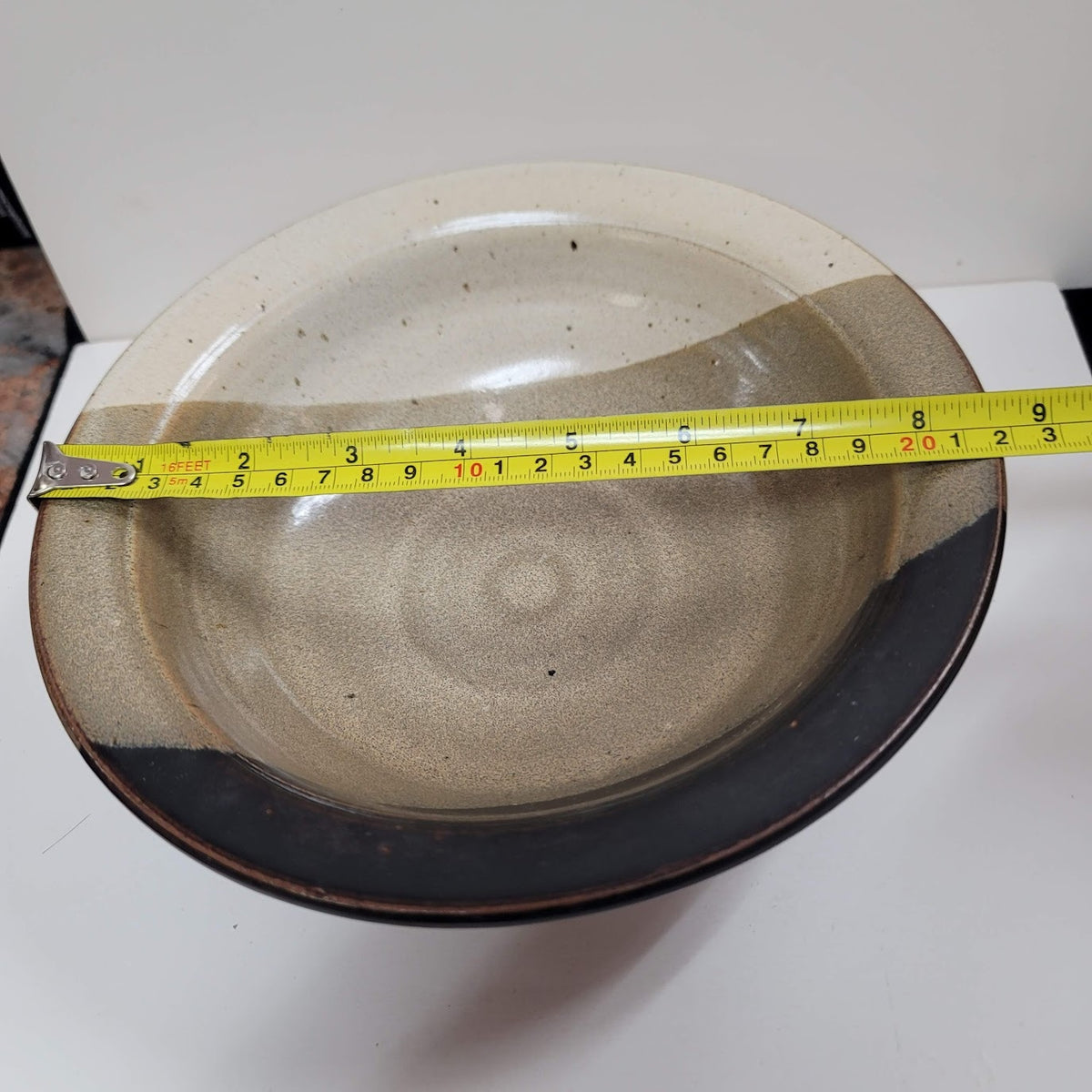 Handmade 1980s art pottery earthtone Signed Rusty 80 bowl 8.5" Brown Cream Tan